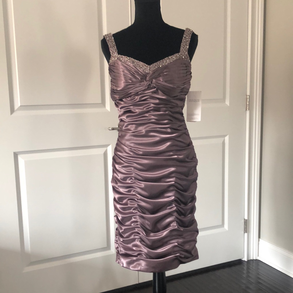 Truffle-Colored Ruched And Beaded Dress By Cachet.